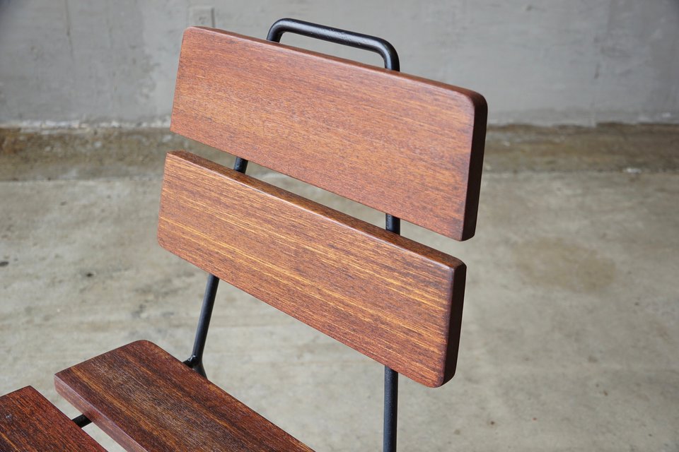 Set of Four 1950s Iron and Exotic Wood Side Chairs.