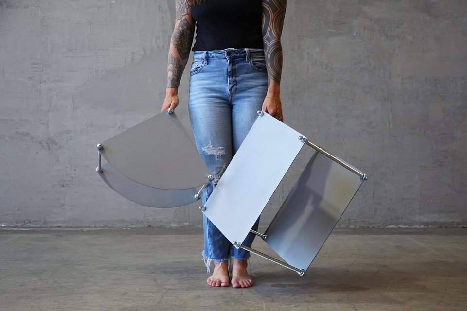 Standard and Corner Table in Cement Gray.